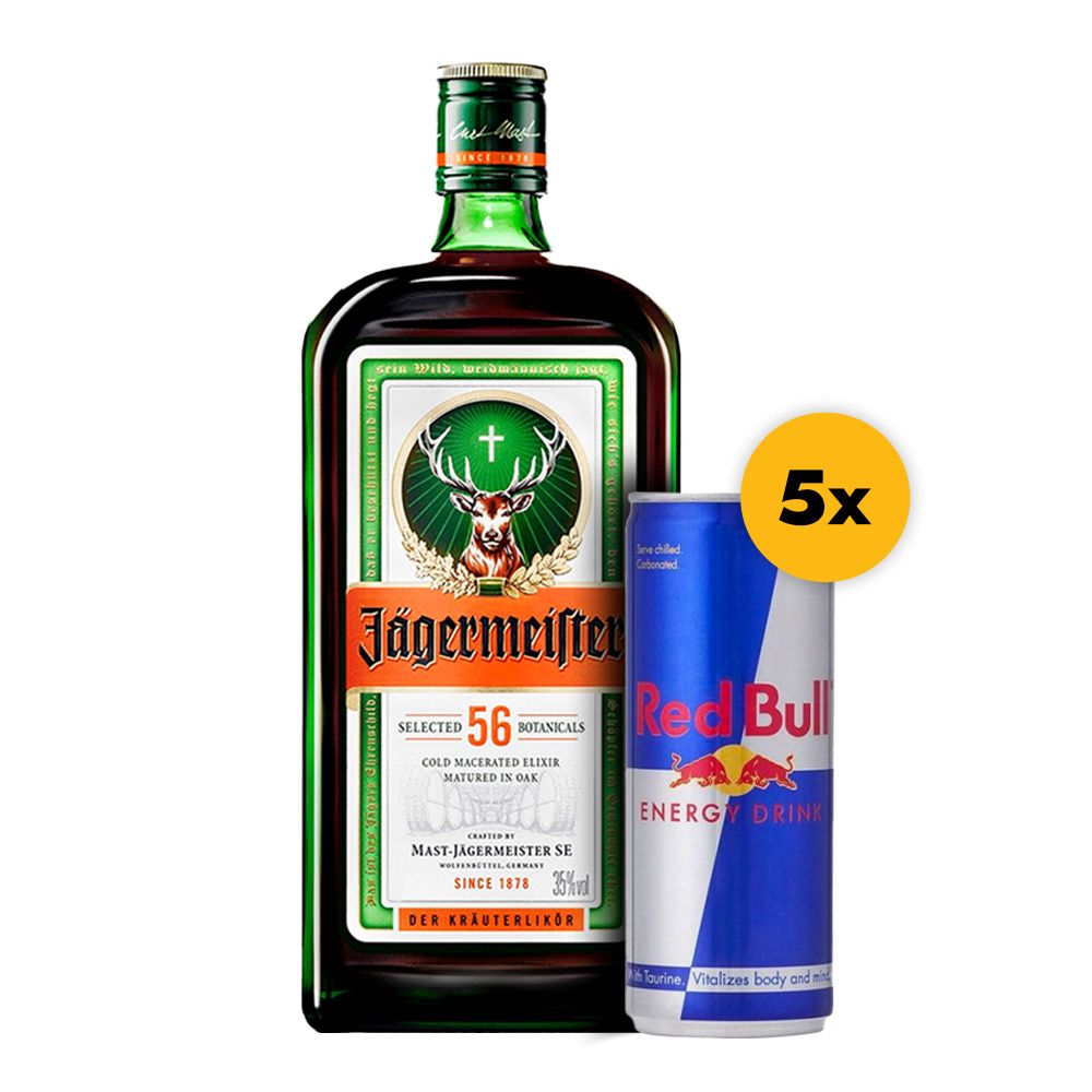 Jagermeister 0,7 l + 5x Red Bull 0,25 l Dose